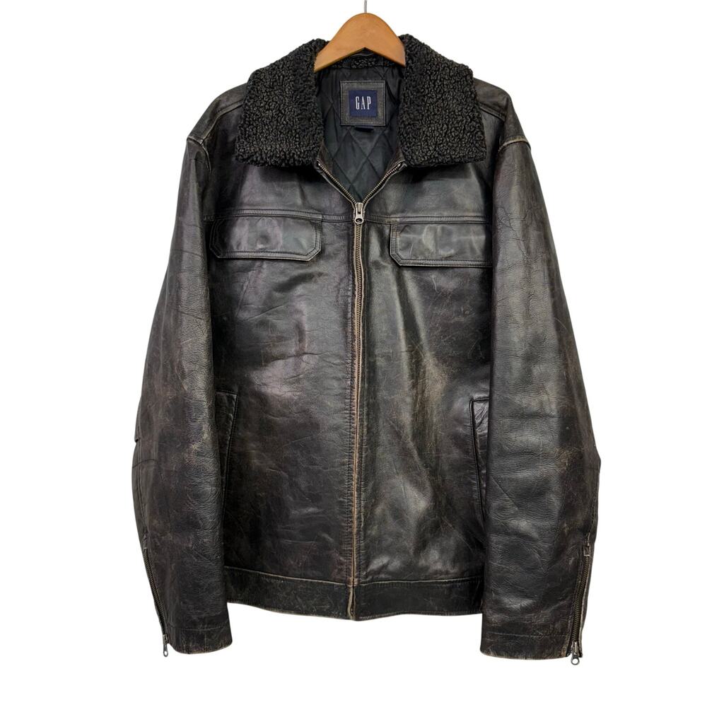 Gap Leather Bomber Jacket Cowhide OLD XL Black Sherpa Collar Trucker Vintage